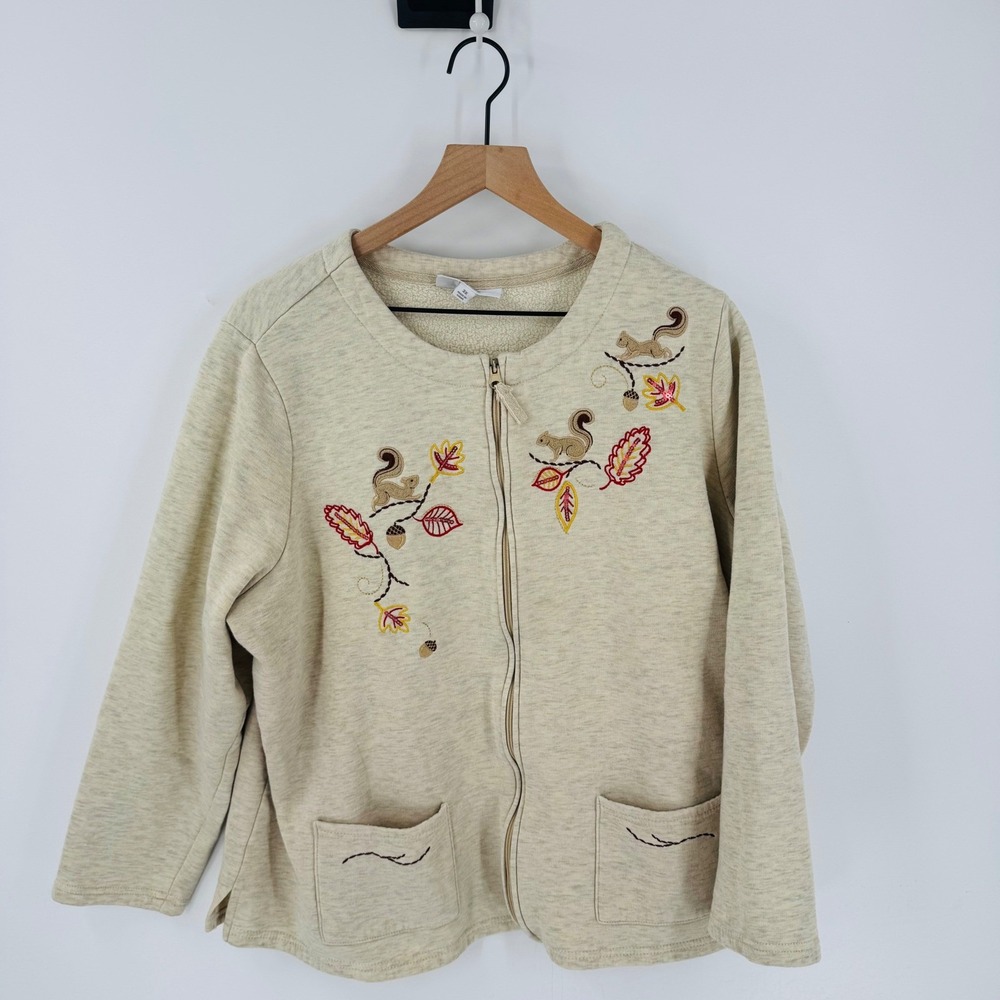 Vintage Embroidered Squirrel Leaf Fall Zip Up Sweatshirt Jacket Cream Size 3X